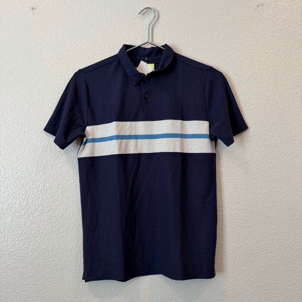 All In Motion Boy’s Printed Stripe Polo Shirt navy blue white short sleeve